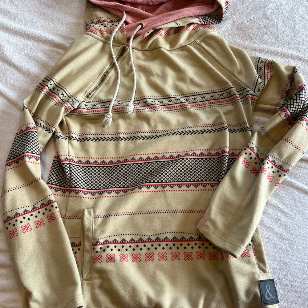 Patterned Tan Hoodie with Pink Accents